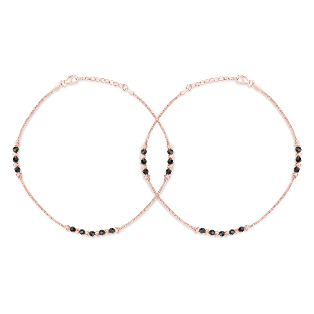 Raven Radiance Black Beads Rose Gold-Plated 925 Sterling Silver Adjustable Chain Anklet