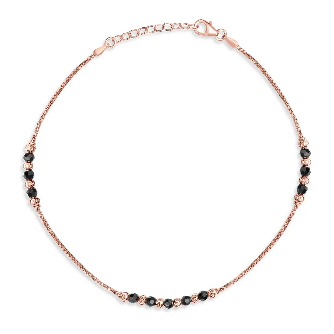Raven Radiance Black Beads Rose Gold-Plated 925 Sterling Silver Adjustable Chain Anklet