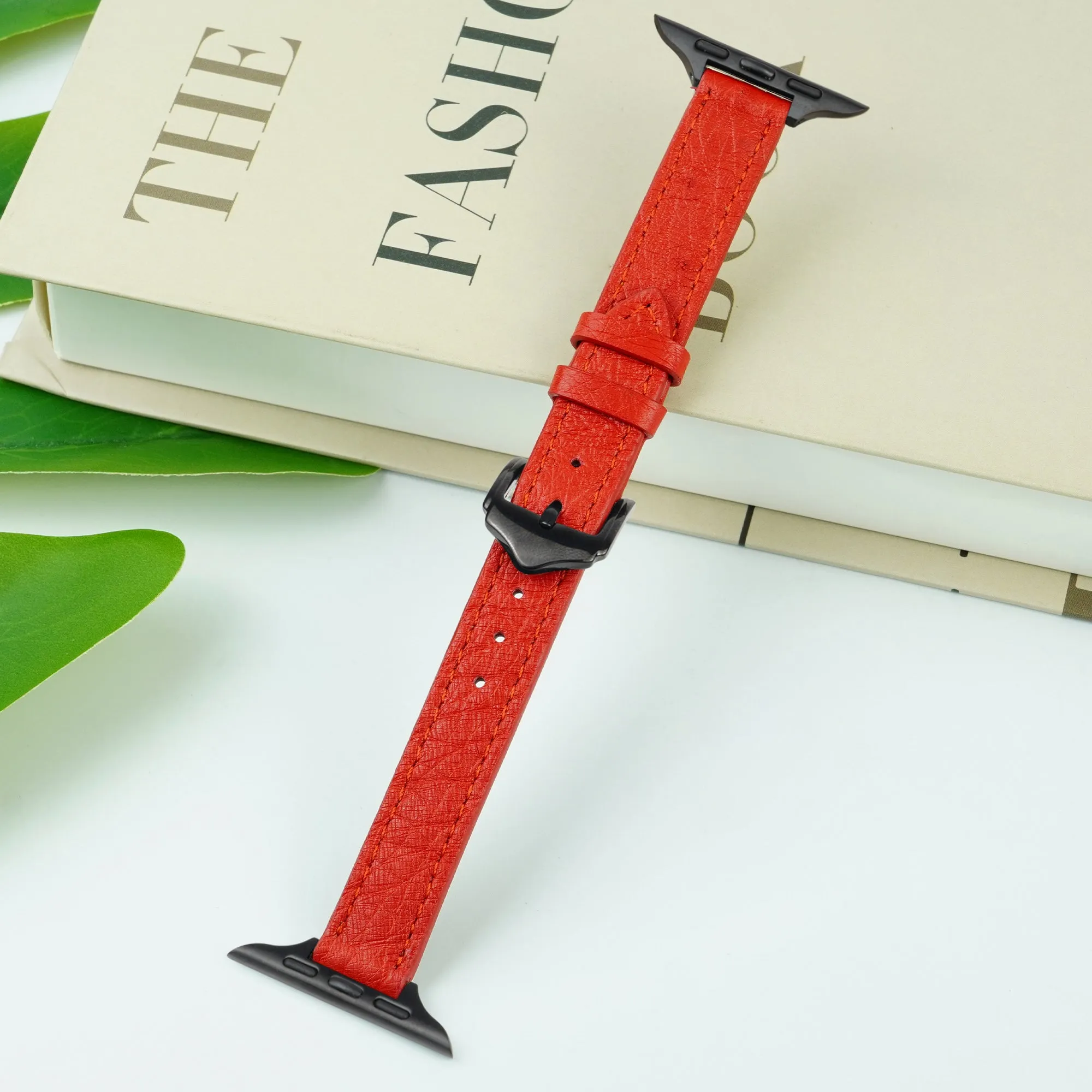 Red Flat Ostrich Leather Band Compatible Apple Watch Iwatch 49mm Screen Protector Case Black Adapter Replacement Strap For Smartwatch Series 7 8 Leather Handmade AW-190B-W-49MM