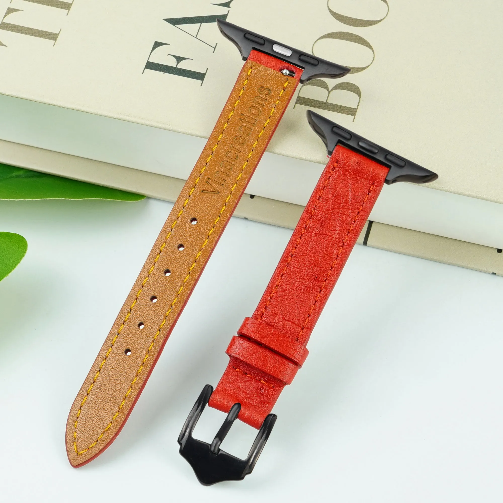 Red Flat Ostrich Leather Band Compatible Apple Watch Iwatch 49mm Screen Protector Case Black Adapter Replacement Strap For Smartwatch Series 7 8 Leather Handmade AW-190B-W-49MM