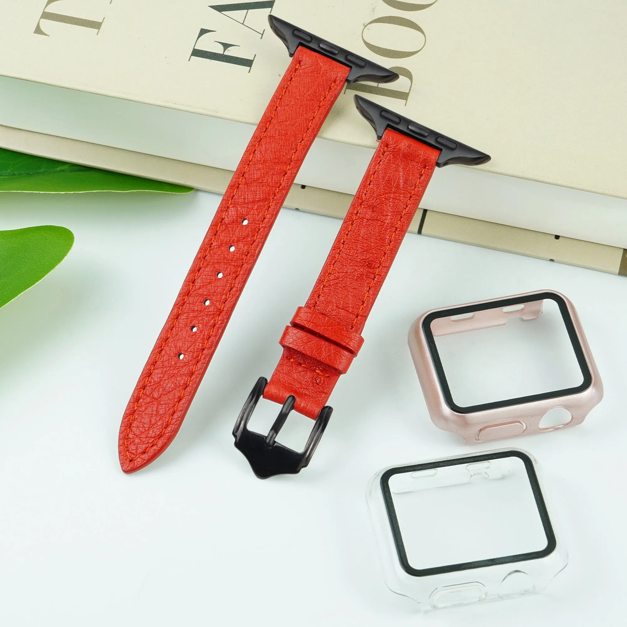 Red Flat Ostrich Leather Band Compatible Apple Watch Iwatch 49mm Screen Protector Case Black Adapter Replacement Strap For Smartwatch Series 7 8 Leather Handmade AW-190B-W-49MM