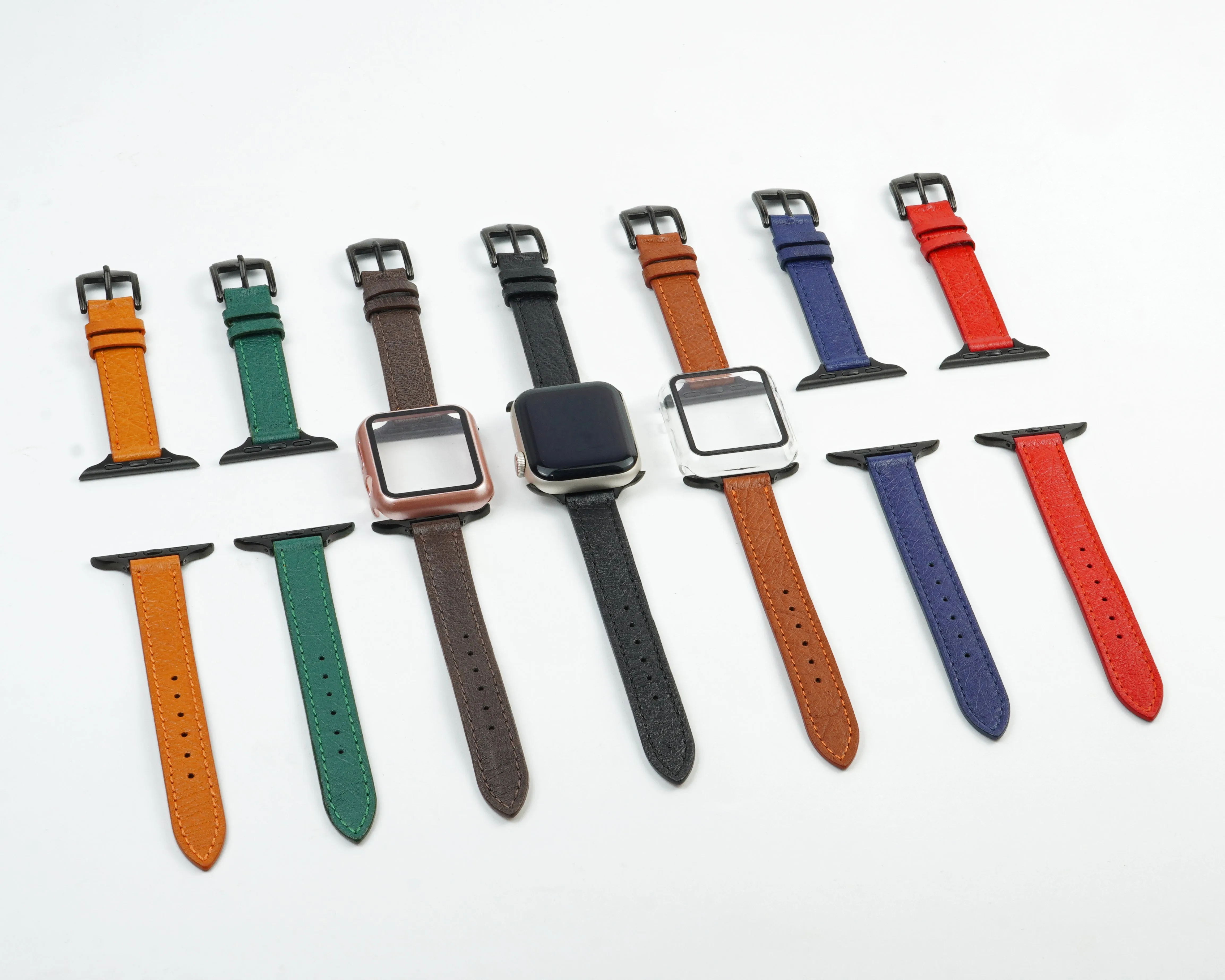 Red Flat Ostrich Leather Band Compatible Apple Watch Iwatch 49mm Screen Protector Case Black Adapter Replacement Strap For Smartwatch Series 7 8 Leather Handmade AW-190B-W-49MM