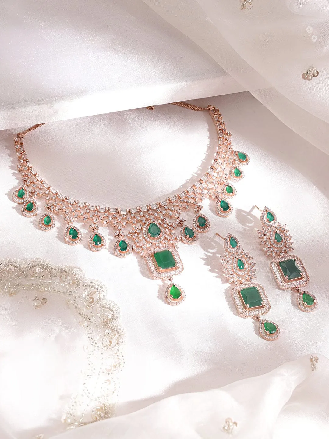 Rubans Radiant Elegance 18K Rose Gold Emerald Zirconia Studded Jewelry Set
