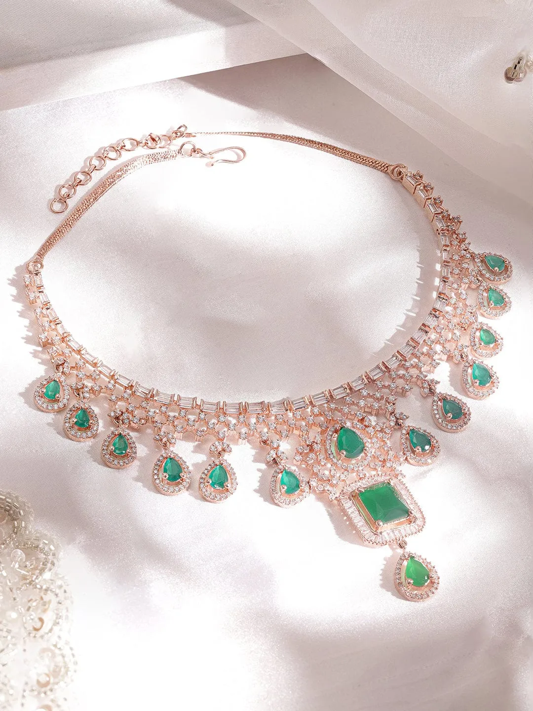 Rubans Radiant Elegance 18K Rose Gold Emerald Zirconia Studded Jewelry Set