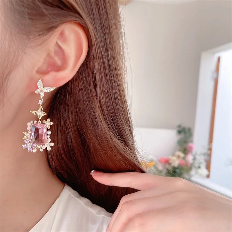 S925 silver needle super flash square zircon earrings light luxury pearl flower butterfly earrings LYX178