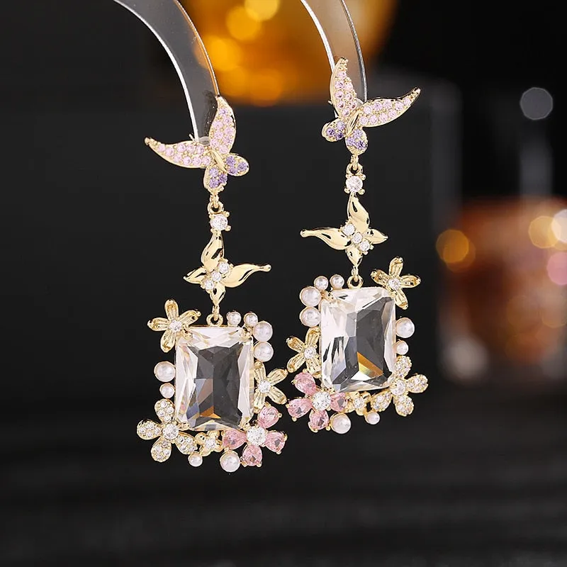 S925 silver needle super flash square zircon earrings light luxury pearl flower butterfly earrings LYX178