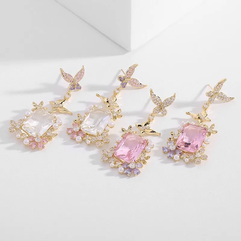 S925 silver needle super flash square zircon earrings light luxury pearl flower butterfly earrings LYX178