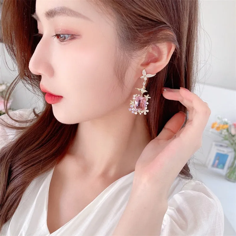 S925 silver needle super flash square zircon earrings light luxury pearl flower butterfly earrings LYX178