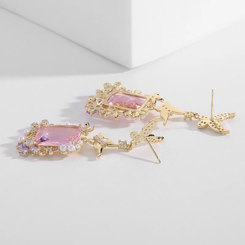 S925 silver needle super flash square zircon earrings light luxury pearl flower butterfly earrings LYX178