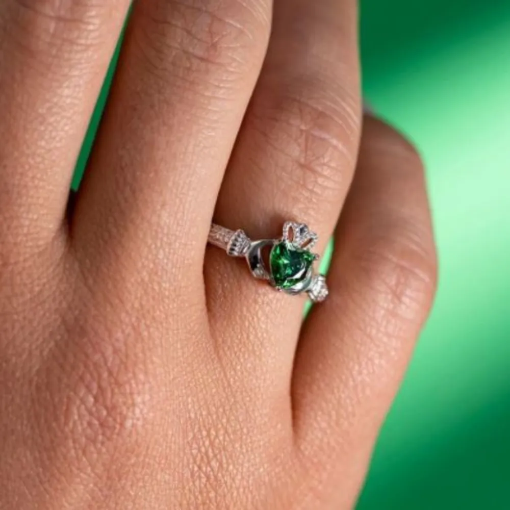 Sterling Silver May Birthstone Emerald Claddagh Ring