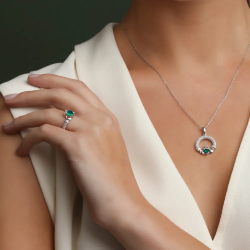 Sterling Silver May Birthstone Emerald Claddagh Ring