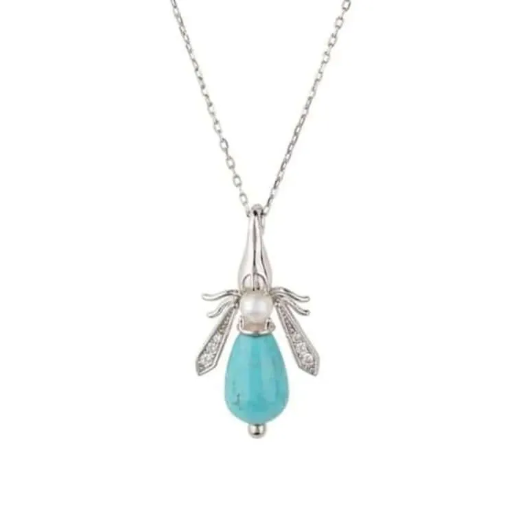 Turquoise & Pearl Gemstone Bee Pendant Sterling Silver Necklace