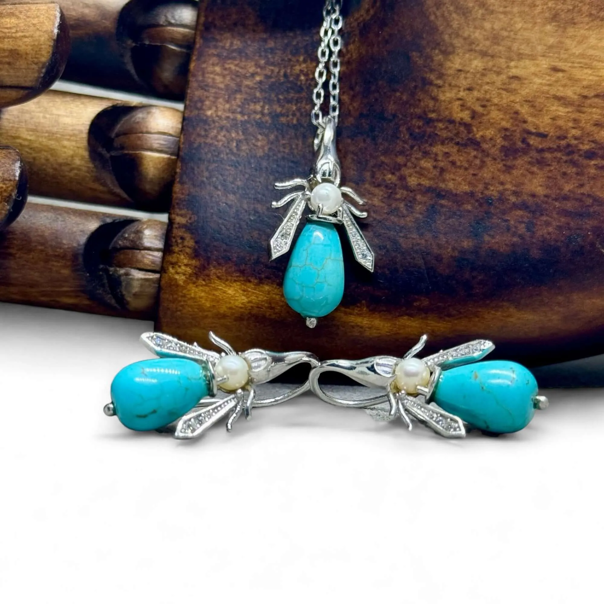 Turquoise & Pearl Gemstone Bee Pendant Sterling Silver Necklace