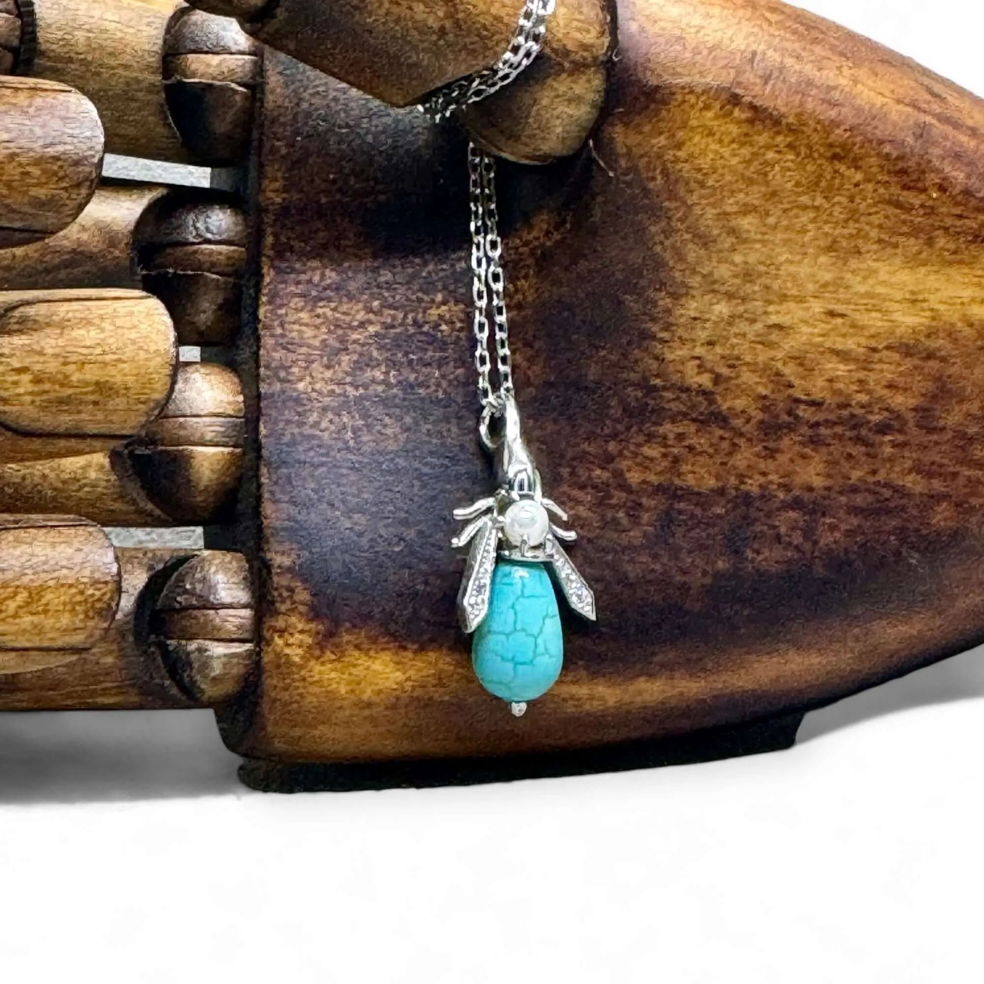 Turquoise & Pearl Gemstone Bee Pendant Sterling Silver Necklace