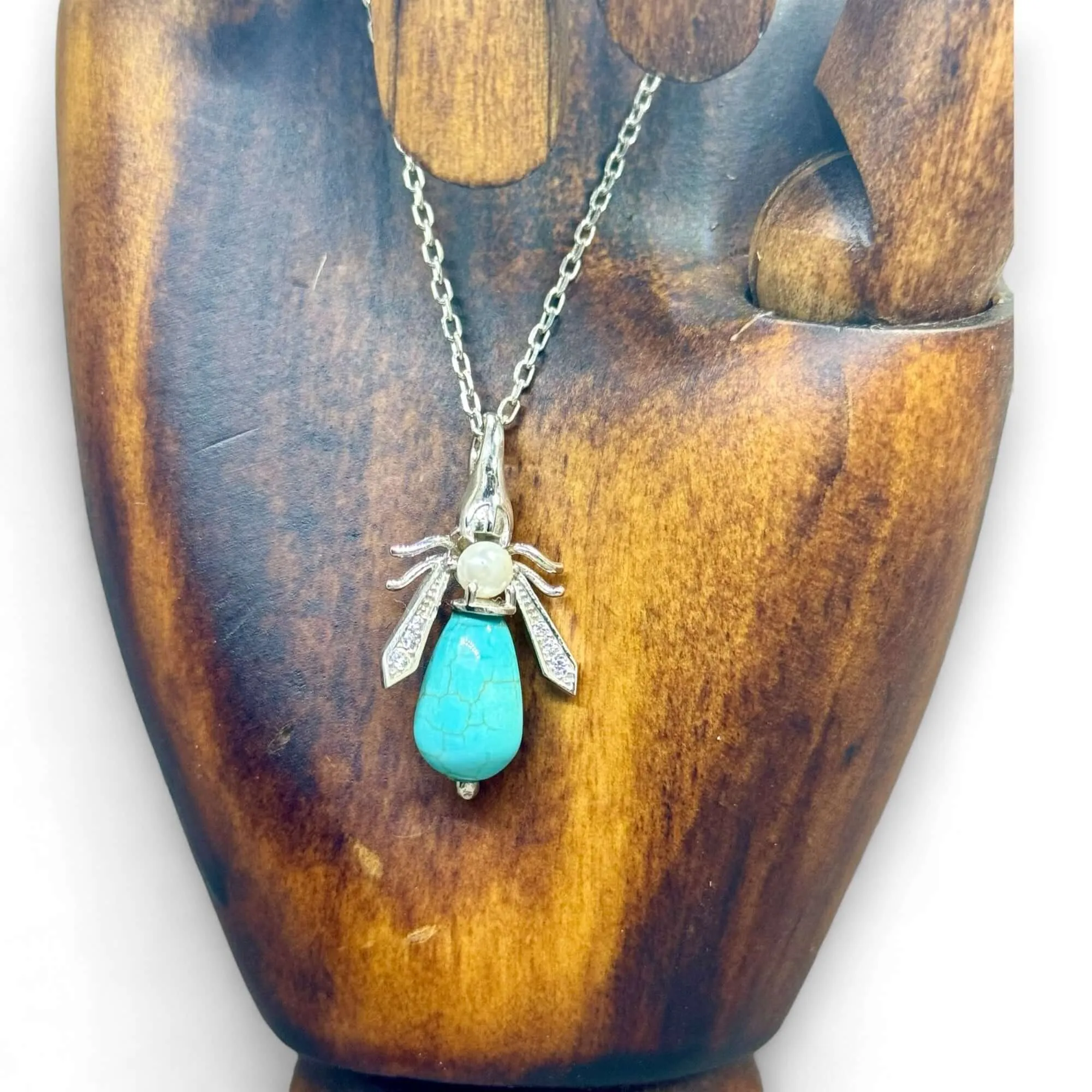 Turquoise & Pearl Gemstone Bee Pendant Sterling Silver Necklace