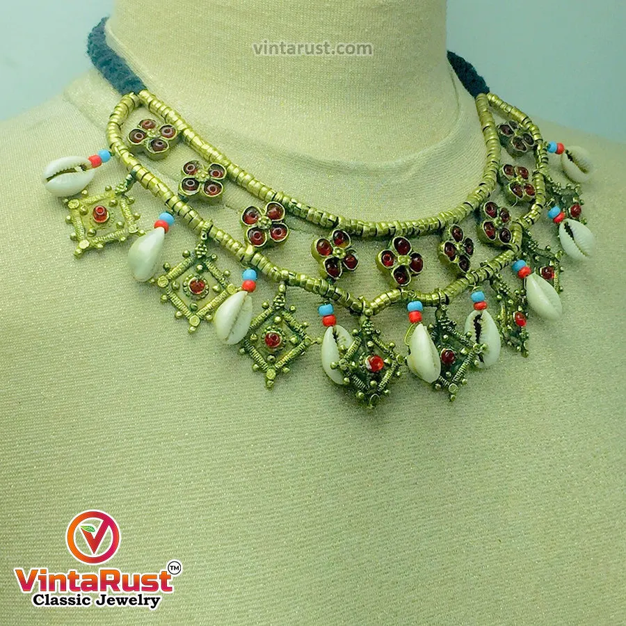 Vintage Choker Necklace With Dangling Golden Motifs and Shells