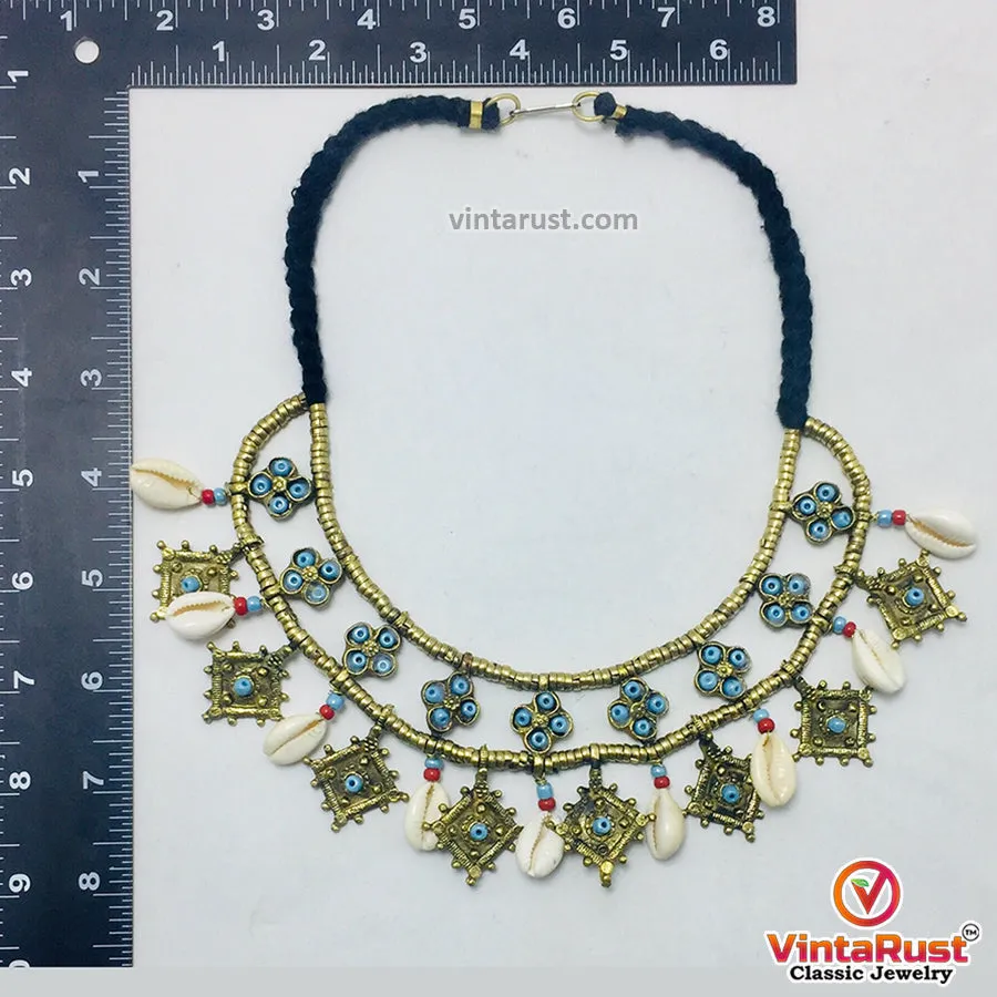 Vintage Choker Necklace With Dangling Golden Motifs and Shells