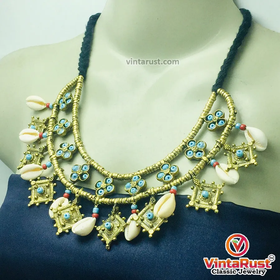 Vintage Choker Necklace With Dangling Golden Motifs and Shells