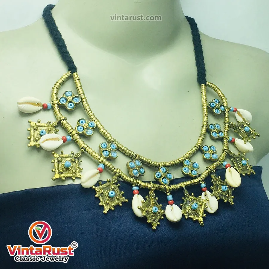Vintage Choker Necklace With Dangling Golden Motifs and Shells