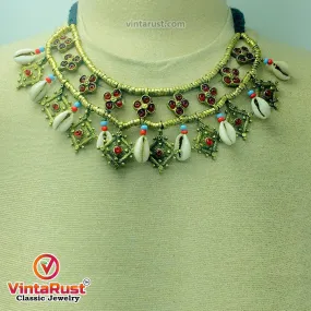 Vintage Choker Necklace With Dangling Golden Motifs and Shells