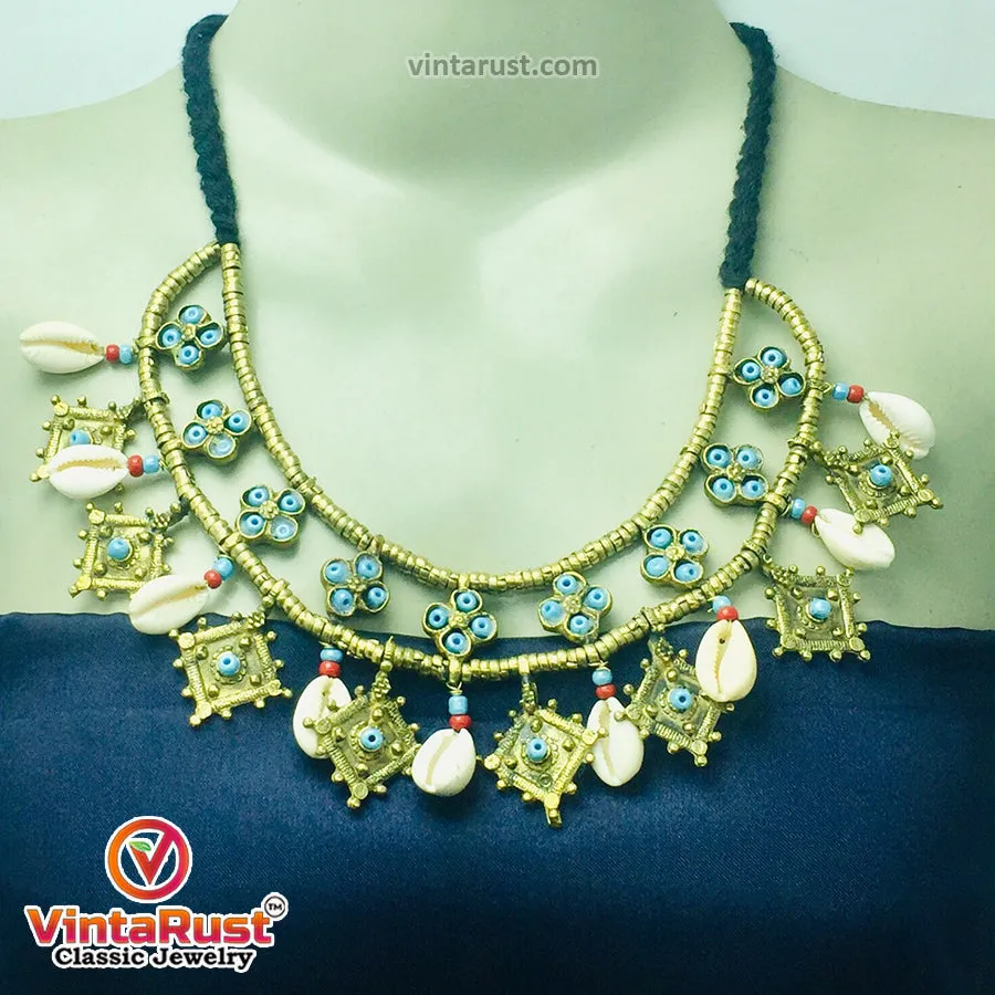 Vintage Choker Necklace With Dangling Golden Motifs and Shells