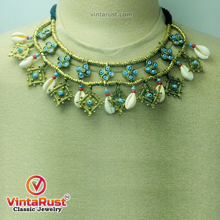 Vintage Choker Necklace With Dangling Golden Motifs and Shells