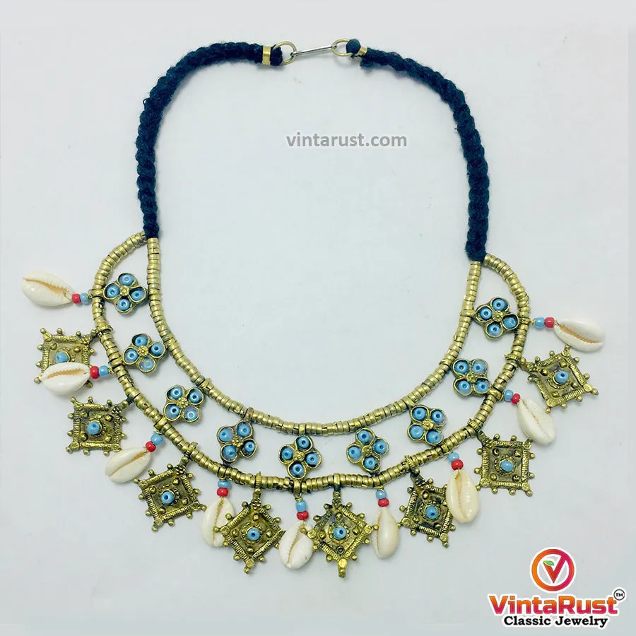 Vintage Choker Necklace With Dangling Golden Motifs and Shells