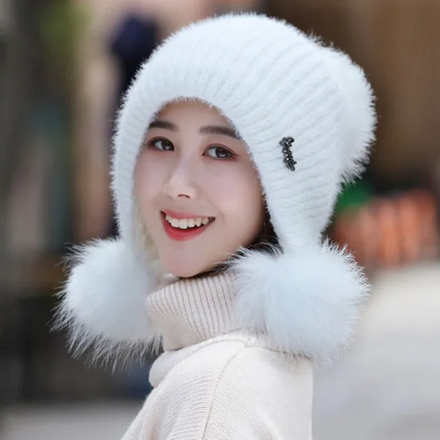 Warm Hat Women Rabbit Fur Lined Pompoms Outdoor Knitted Woolen Warm Winter Cap