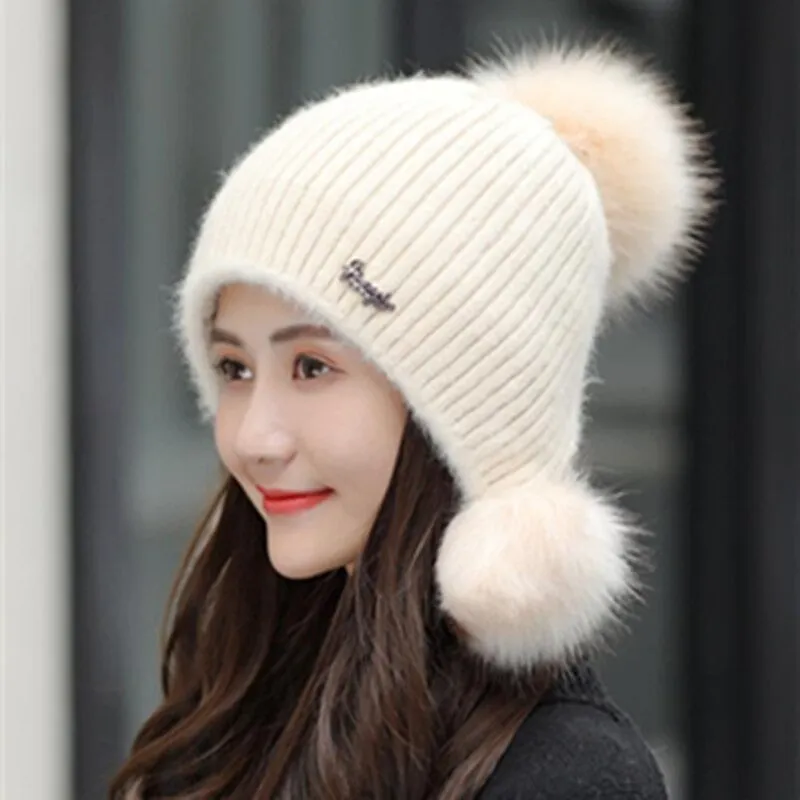 Warm Hat Women Rabbit Fur Lined Pompoms Outdoor Knitted Woolen Warm Winter Cap