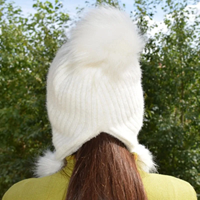 Warm Hat Women Rabbit Fur Lined Pompoms Outdoor Knitted Woolen Warm Winter Cap