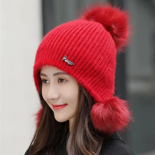 Warm Hat Women Rabbit Fur Lined Pompoms Outdoor Knitted Woolen Warm Winter Cap