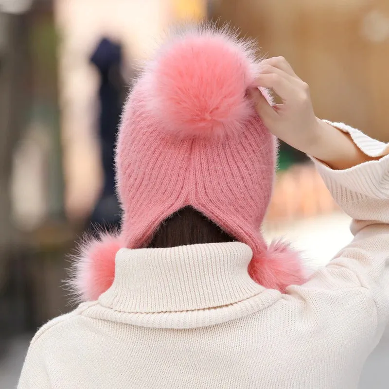 Warm Hat Women Rabbit Fur Lined Pompoms Outdoor Knitted Woolen Warm Winter Cap
