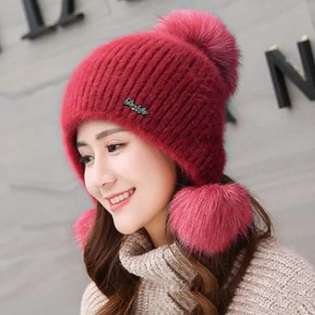Warm Hat Women Rabbit Fur Lined Pompoms Outdoor Knitted Woolen Warm Winter Cap