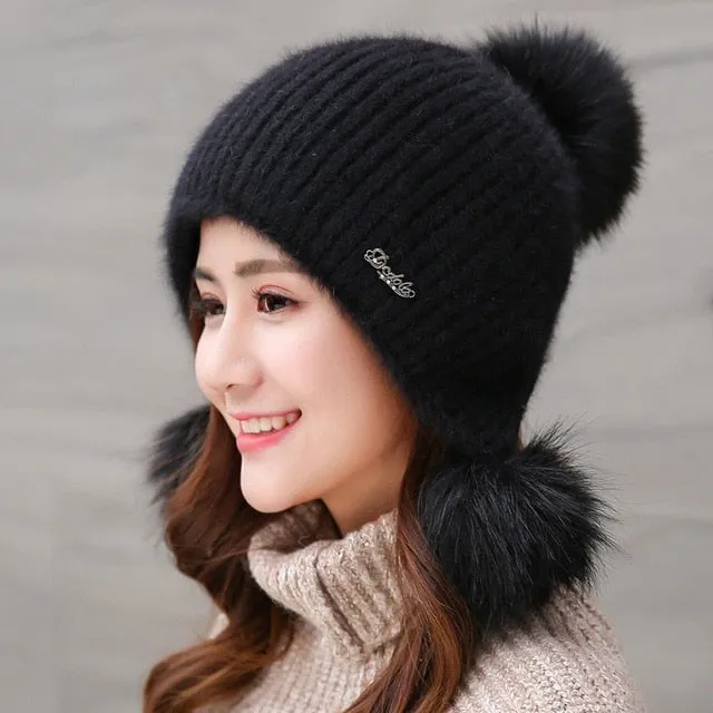 Warm Hat Women Rabbit Fur Lined Pompoms Outdoor Knitted Woolen Warm Winter Cap