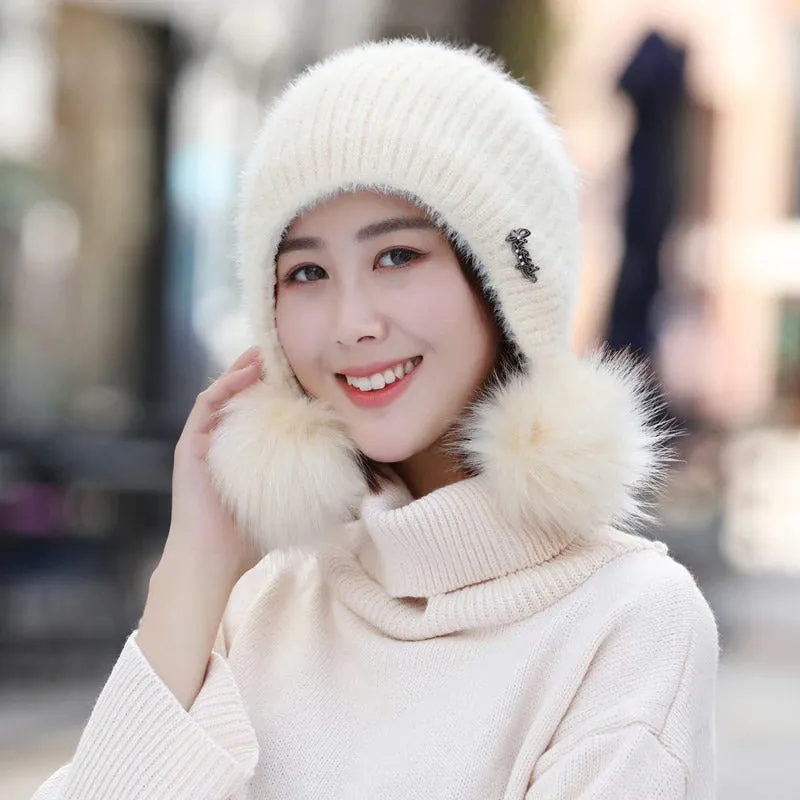 Warm Hat Women Rabbit Fur Lined Pompoms Outdoor Knitted Woolen Warm Winter Cap