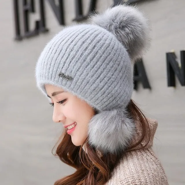 Warm Hat Women Rabbit Fur Lined Pompoms Outdoor Knitted Woolen Warm Winter Cap