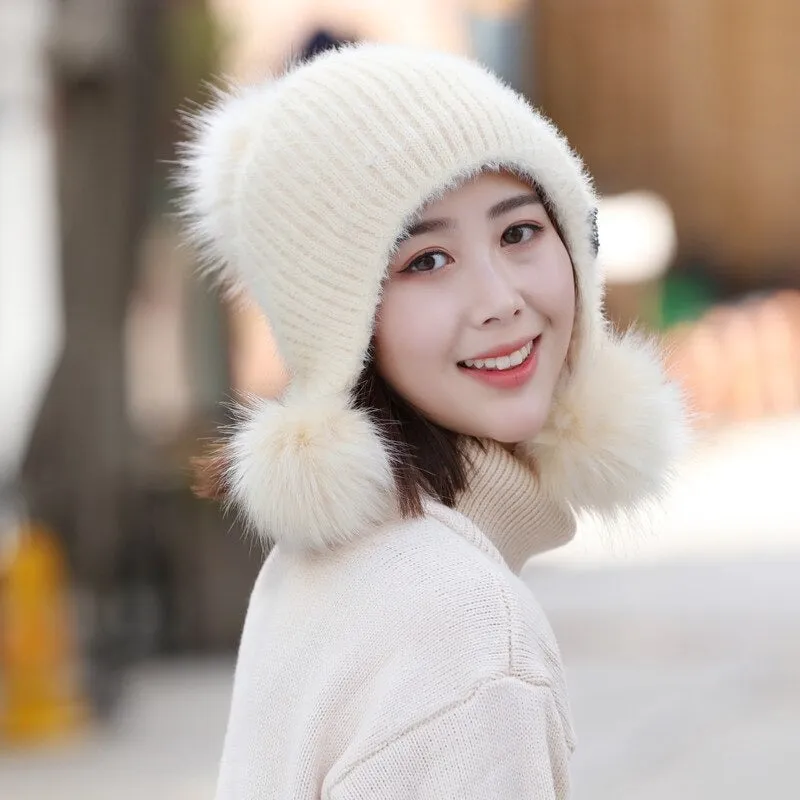 Warm Hat Women Rabbit Fur Lined Pompoms Outdoor Knitted Woolen Warm Winter Cap