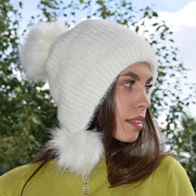 Warm Hat Women Rabbit Fur Lined Pompoms Outdoor Knitted Woolen Warm Winter Cap