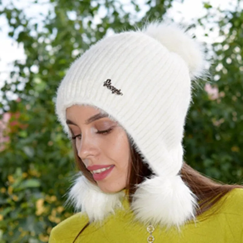 Warm Hat Women Rabbit Fur Lined Pompoms Outdoor Knitted Woolen Warm Winter Cap