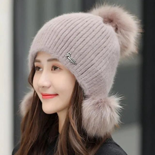 Warm Hat Women Rabbit Fur Lined Pompoms Outdoor Knitted Woolen Warm Winter Cap