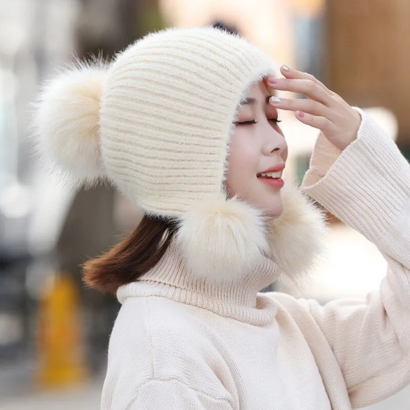 Warm Hat Women Rabbit Fur Lined Pompoms Outdoor Knitted Woolen Warm Winter Cap