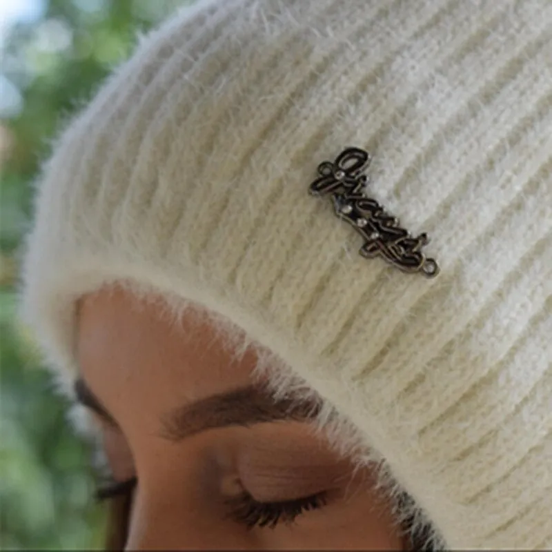 Warm Hat Women Rabbit Fur Lined Pompoms Outdoor Knitted Woolen Warm Winter Cap