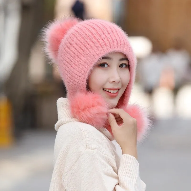 Warm Hat Women Rabbit Fur Lined Pompoms Outdoor Knitted Woolen Warm Winter Cap