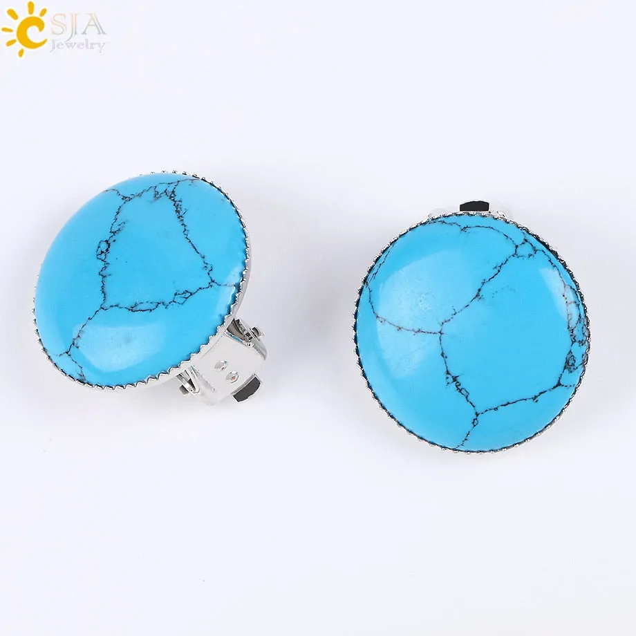 Women Girl Summer Jewelry Round Natural Stone Bead Clip on Earrings