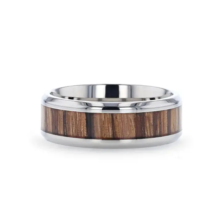 ZINGANA Titanium Ring With Beveled Edges And Real Zebra Wood Inlay - 8mm