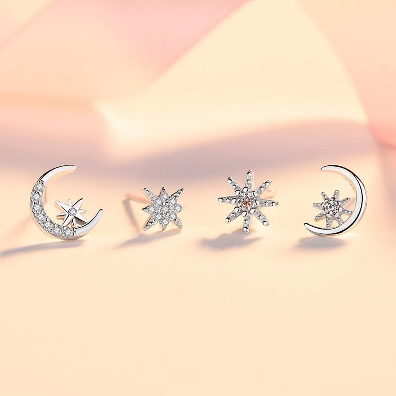 Zircon Star and Moon Asymmetric Silver Studs Earrings for Women